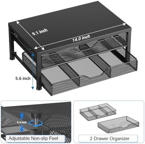 OPNICE Desk Organizer and Accessories, 2-Tier Computer Monitor Stand Riser with 2 Drawer, Laptop Stand, Office Desk Accessories for Office Supplies, Black - Image 5