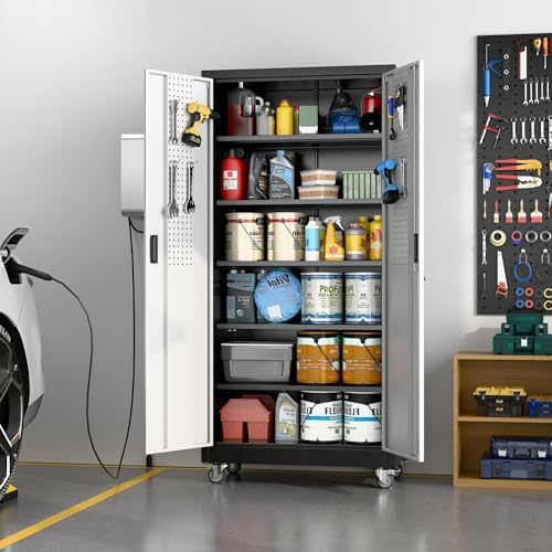 SUXXAN Garage Storage Cabinet with Pegboard,Shelves,Black-Silver - Image 2