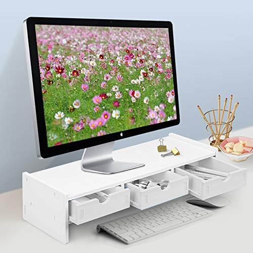 valen Monitor Stand Riser, Computer Laptop Riser Shelf with 3 Organizer Drawers (White, 19.5" L x 7.5" W x 4.7" H) (White) - Image 2