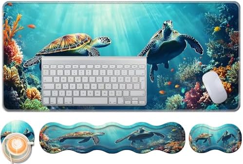 Keyboard Wrist Rest and Mouse Pad Set,31.5x11.8 Inches Desk Mat,Waterproof Non-Slip Ergonomic Wrist Support for Pain Relief,Extended Desk Protector for Office Home Gaming,Cute Turtle by Unknown