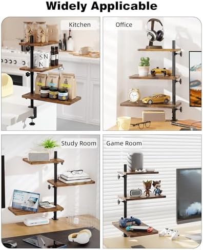 3 Tiers Clamp On Desk Shelf, 360° Angle Adjustable Desktop Shelf Organizer for Home Office Gaming Room, No Drill Desk Extender Adapt to 0.4-2.16 inches Table Thick, Black Brown - Image 4