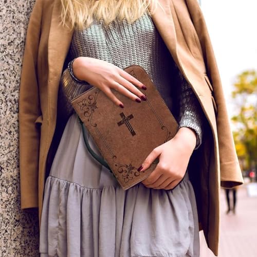Vintage Brown Cross Bible Cover for Women Soft PU Leather Verse Print Bible Carrying Case Large Capacity Book Organizer with Top Handle Gifts for Christians - Image 3
