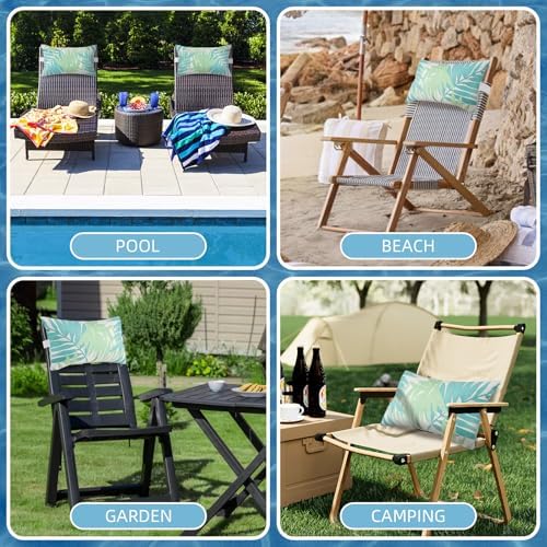 Outdoor Pillow for Chaise Lounge Chair, 2pcs Chaise Lounge Pillows Lumbar Pillows with Insert and Adjustable Elastic Strap for Patio Beach Office Chair, Green Leave - Image 4