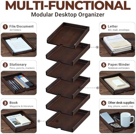 Solid Wood Letter Tray, 6-Tier Pull-Out Paper File & Desk Organizer, Walnut - Image 5