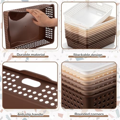 Geetery 12 Pack Classroom Storage Baskets with Handle,Gradient Brown - Image 3