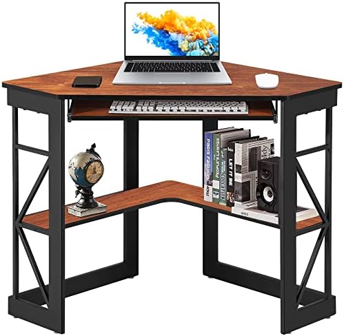 VECELO Corner Computer Desk 41 x 30 inches with Smooth Keyboard & Storage Shelves for Home Office Workstation, Teak by VECELO