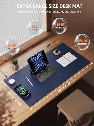 Mouse Pad with 15W Wireless Charging, XXL Large Leather Desk Mat, Blue - Image 4