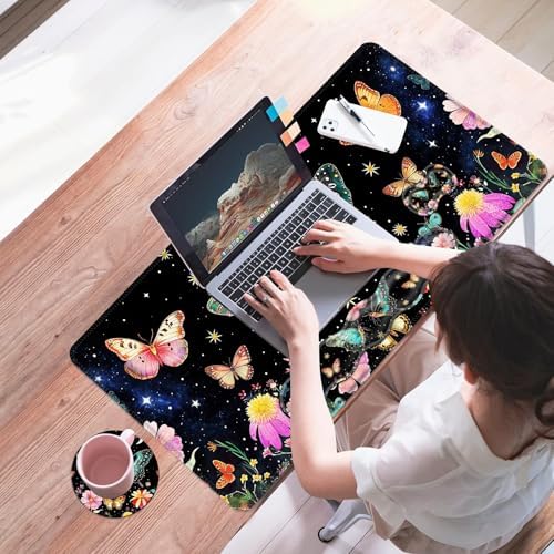 Mouse Pad,Large Desk Mat Set, 4in1 XL Mousepad + Keyboard Wrist Rest+Mouse Wrist Rest+Coaster with Ergonomic Desk Pad for Home Office Table Computer Cover -Butterfly Moon Flower - Image 7