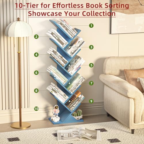 10 Tier Tree Book Shelf, Floor Standing Wood Bookshelf for Narrow Space - Image 4