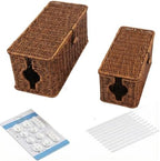 Wicker Cable Management Box, 2 Pack Large & Small Cable Organizer Box, Faux Rattan Hand-Woven Desk Organizer with 10 Cord Clips and 10 Ties, for Home Office and Charging Station by GOVNPJ