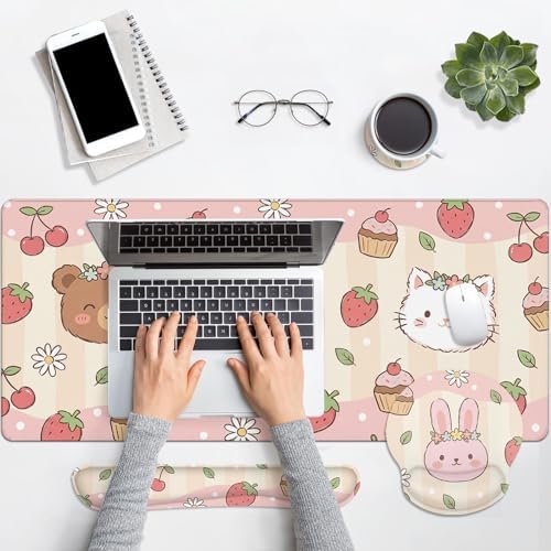 Arttown Keyboard Mouse Pad Set, 4 in 1 Desk Mat Set Strawberry Kawaii - Image 7