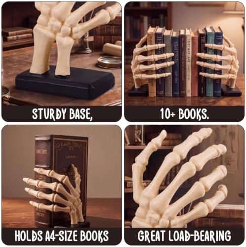 Skeleton Hand Bookend, White Resin Skull Finger Bookstop with Wooden Base - Image 4