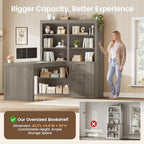SEDETA Farmhouse L Shaped Computer Desk, 59'' Wood Office Desk with 3 Drawers and 5-Tier Bookshelf, Corner Desk with Storage Shelves and Power Outlet for Home Office Small Space, Grey - Image 4