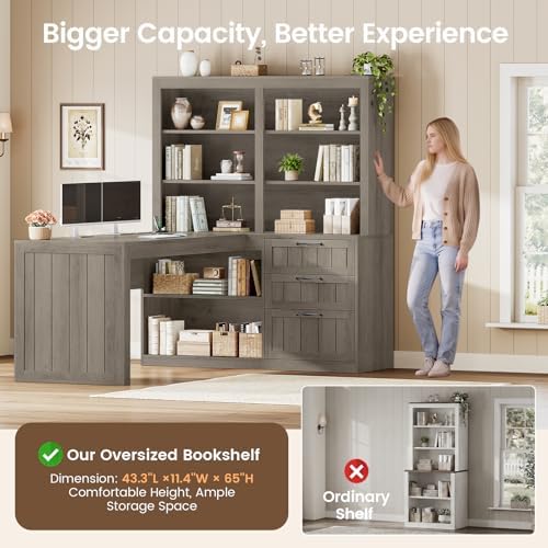 SEDETA Farmhouse L Shaped Computer Desk, 59'' Wood Office Desk with 3 Drawers and 5-Tier Bookshelf, Corner Desk with Storage Shelves and Power Outlet for Home Office Small Space, Grey - Image 4