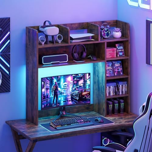 Tangkula Desktop Bookshelf with LED Lights, Desk Hutch with 8 Shelves for Max 25" Monitor, Desktop 5-Tier Display Rack, Multipurpose Wood Desktop Storage Hutch Organizer for Dorm Office Home - Image 5