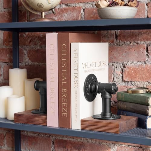 Dunzoom Heavy Duty Bookends for Shelves Industrial Metal and Wood Book Ends - Image 6