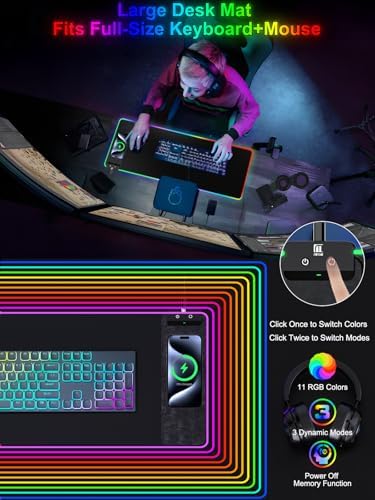 Mouse Pad with Wireless Charging, Large Desk Mat RGB Gaming Mousepad, 10 Light Colors LED Gaming Pad Keyboard Pad with Ultra-Smooth Surface & Non-Slip Rubber Base, Waterproof Full Desk Mouse Pad - Image 2