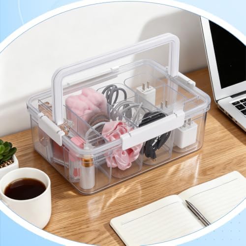 Large Cable Storage Box with Lid Clear Power Cords Organizer 4 Adjustable Dividers Case Desktop Cable Management Box for Home Office Phone Charger Art Crafts Stationery (White) - Image 6