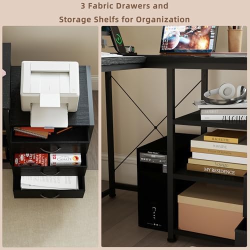 YOSHOOT 55" L Shaped Computer Desk with 3 Fabric Drawers, Gaming Desk - Image 5