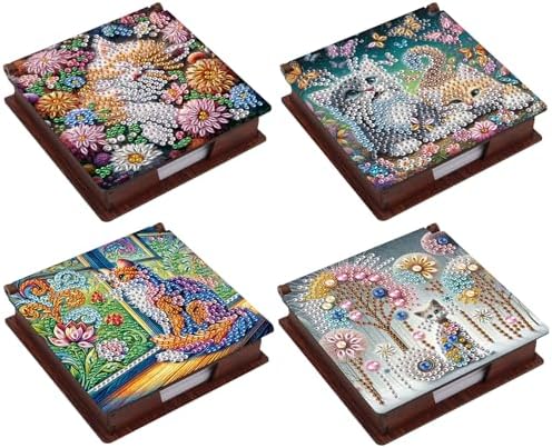 4pcs Beautiful Cat Diamond Art Painting Note Box for Adults, Wooden DIY Sticky Notes Holder Kit with 640 Blank Notepads, Multi-Purpose Desk Organizer for Home Office, Study Thoughtful Gift by Unknown