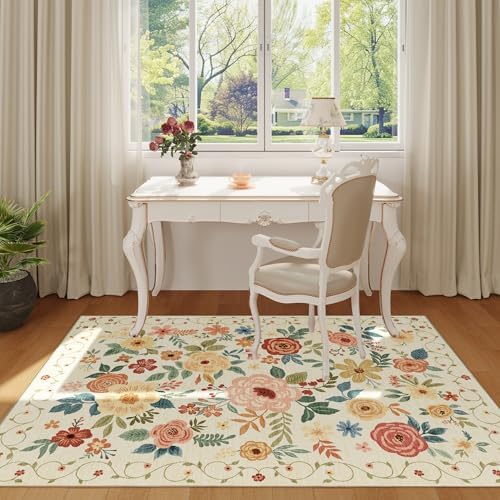 DUKINO 4x6 Area Rug, Floral Washable Office Chair Rug Non Slip Beige Yellow - Image 3