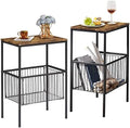 VECELO 2 Sets Tall End Table with Metal Basket,Nightstand with Shelf Storage Organizer, Wood Night Stand with Metal Frame, Waterproof for Bedroom, Living Room, Bathroom by VECELO