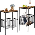 VECELO 2 Sets Tall End Table with Metal Basket,Nightstand with Shelf Storage Organizer, Wood Night Stand with Metal Frame, Waterproof for Bedroom, Living Room, Bathroom by VECELO