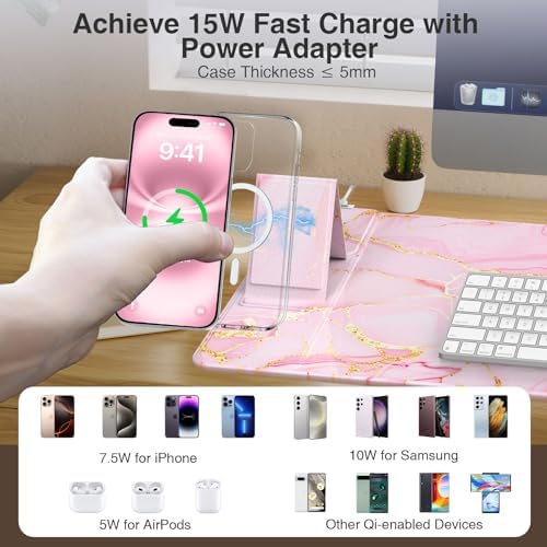 Wireless Charging Mouse Pad with Phone Holder, 31.5"x15.8" in, Pink Marble - Image 7