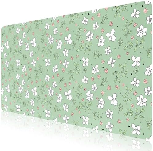 Minimalist Ditsy Floral Office Desk Mat 31.5" x 15.7" Desktop Mat PU Leather Large Mouse Pad White Mousepad Non-Slip Table Mat for Girls, Women, Home, Work, Computer, and Gaming by Unknown