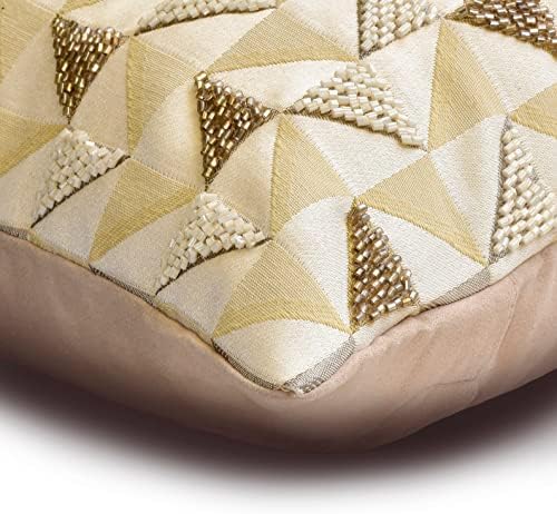 The HomeCentric Decorative Gold & Ivory 12"x22" (30x55 cm) Lumbar Pillow Cover, Jacquard Mosaic & Beaded Oblong Pillow, Geometric Pattern Modern Style - Gold Triad - Image 2
