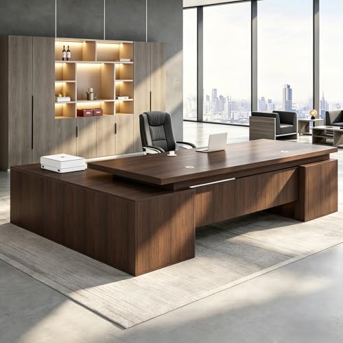Executive Desk, L Shaped Executive Office Desk with Locking Drawer & File Cabinet, 1'' Thick Desktop, Large Office Desk with Storage, Modern Executive Computer Workstation for Home Office & Business by Unknown