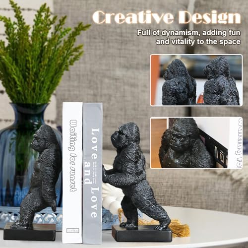 Decorative Bookends, Art Book Ends for Heavy Books, Heavy Bookends for Shelves, Vintage Non-Slip Base Book Holder, Resin Book Stopper for Home Office Decor (Black Gorilla) - Image 6