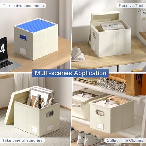 File Organizer Box - File Boxes for Hanging Files with Lid Set of 3 Decorative Hanging Folders Organizer with One-Piece Plastic Frame Slides (Beige White, 13.2 * 10.1 * 10.1in(3Pack)) - Image 2
