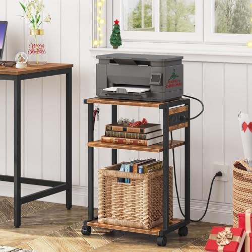HOOBRO Industrial Printer Stand with Charging Station, 3-Tier Printer Table, Rolling Printer Cart with Adjustable Shelf and Hook, Rustic Brown and Black BF28UPS01 - Image 2