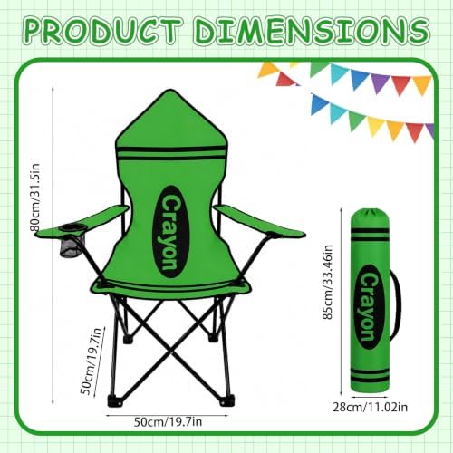 Back to School Classroom Seat, Green Crayon Design Portable Folding Chair with Armrests, Cup Holder and Carry Bag for Reading Corner, Study Zone and School Activities - Image 3