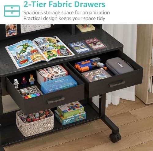 WINAZ Black Mobile Kids Desk - 32" Height Adjustable Study Table with Hutch - Image 6