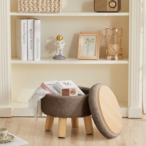 Small Foot Stool Ottoman with Storage, Sherpa Ottoman Foot Rest for Couch, Round Footstool with Storage, Small Ottomans and Footstools for Living Room and Entryway (Brown) - Image 6