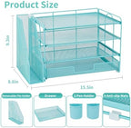 OPNICE Desk Organizer, 4-Tier Desktop File Organizer with Drawer and Pen Holders, Office Desk Accessories, File Sorters, Workspace Organizers for Office Supplies(Teal Blue) - Image 3