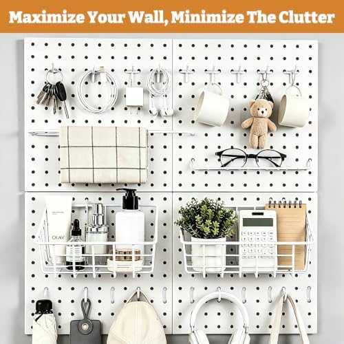 24PCS Pegboard Accessories Organizer Kit, Dual-Lock Pegboard Hooks with Locking Pins 2 Wire Storage Baskets Paper Towel Holder 6-Hook Rack Heavy Duty Steel Pegboard Storage Organizer White - Image 3