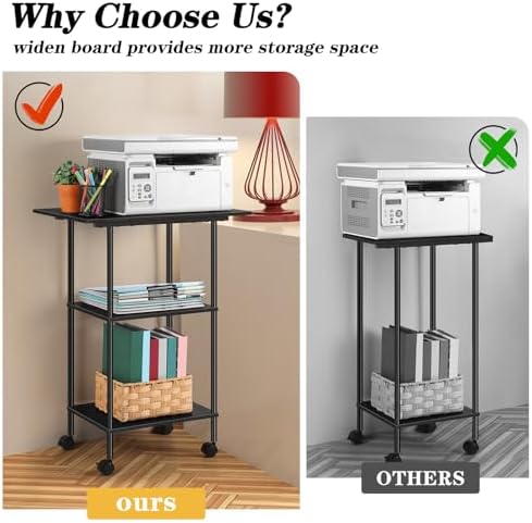 Black Large Printer Stand with Storage 3 Tier Rolling Printer Cart - Image 6