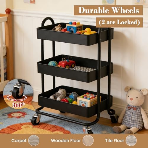 3 Tier Metal Rolling Cart, Utility Storage Cart Shelf Organizer with Wheels for Home & Office, Black - Image 7