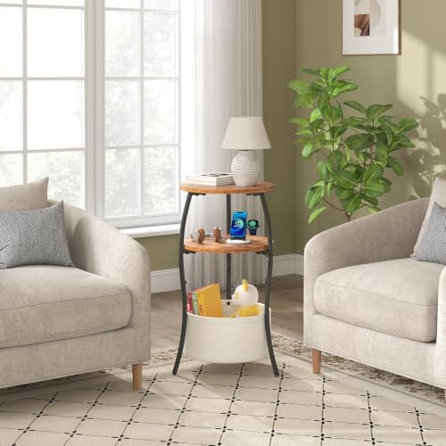 sthemc 3-Tier Small Round End Table Livingroom with Basket for Small Places - Image 2