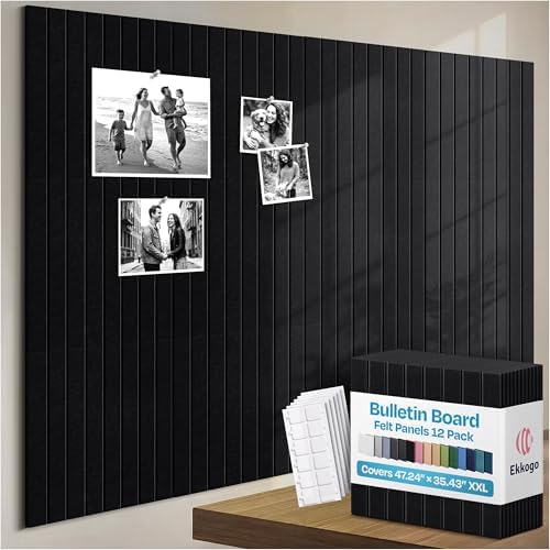 X-Large Cork Board Alternative 12-Pack Felt Bulletin Board Thick and Decorative Pin Board for Home Office Walls 47.24 x 35.43 Inches with 72 Adhesive Tabs - [Deep Black] by EkkogoAcousticPanels