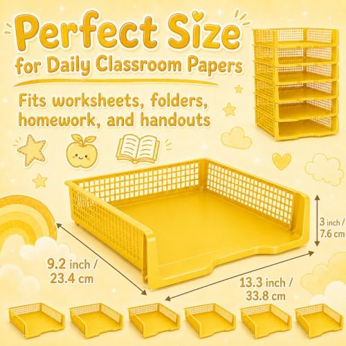 6 Pcs Yellow Turn in Trays Classroom, Stackable Paper Bins for Classroom, 13x9x2.8 inch Plastic Baskets Desktop Organization System Office (Yellow) - Image 2