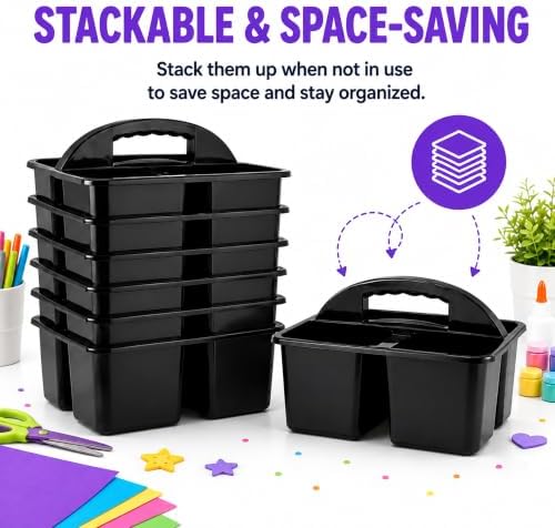 Haundry 6 Pack Black Classroom Caddy, 3-Compartment Plastic Supply Bins - Image 7
