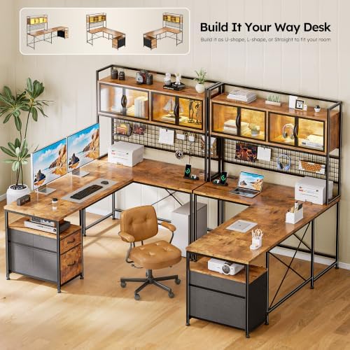 DurayLoly 67" L Shaped Gaming Corner Desk with LED Light, Hutch,Brown - Image 6