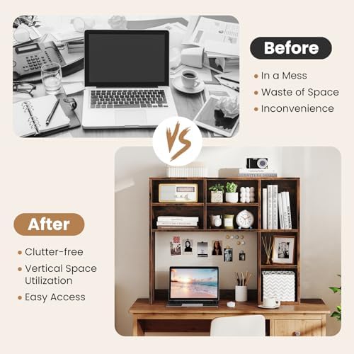 GOFLAME 7 Cubes Desktop Bookshelf, 37” Desk Organizer Shelf with 3 Adjustable Shelves, 3-Tier Wood Countertop Display Rack, Multipurpose Tabletop Desk Hutch for Dorm, Home Office, Rustic Brown - Image 6