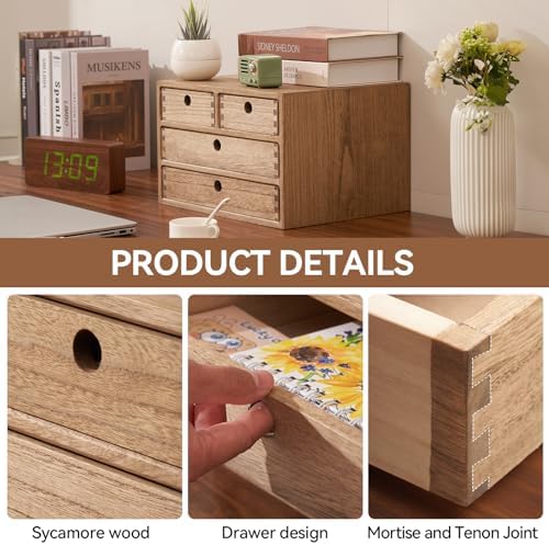 KIRIGEN Wood Desktop Organizers with Drawers Home Workspace Office Supplies Wooden Storage Box Shelf Case Hold Makeup Box with 4 Drawers Dark Brown - Image 6