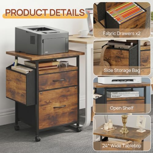 Alpen File Cabinets for Home Office, Small Printer Stand with Storage, Rolling Filing Cabinet with 2 Drawer and Side Storage Bag, Rustic Brown - Image 4