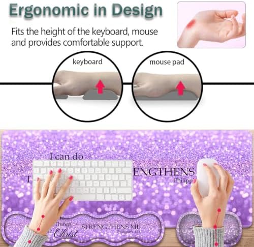 31.5"x 11.8" Oversized Gaming Mouse Pad Set, Ergonomic Keyboard and Mouse Wrist Rest + Cup Holder, Non-Slip Desktop Pad, Suitable for Home and Office Use, Purple Glitter Quote Philippians 4-13 - Image 5